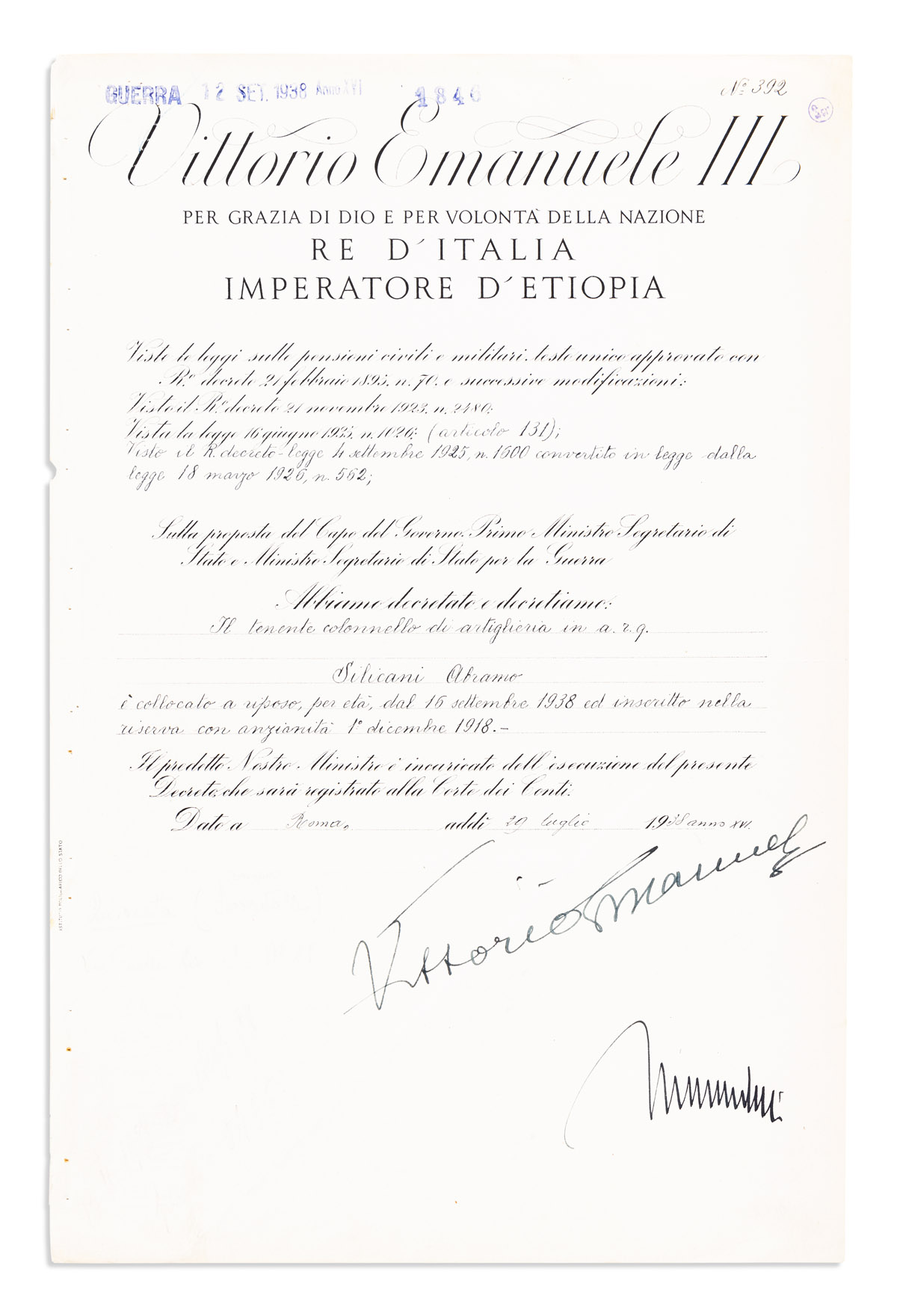 MUSSOLINI, BENITO; AND VITTORIO EMANUELE III; KING OF ITALY. Partly-printed Document Signed, by both (Mussolini, as Premier, and Vit